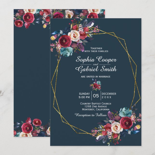 Burgundy Navy Floral Gold Frame on grey Wedding Invitation (Front/Back)