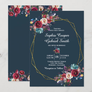 Burgundy Navy Floral Gold Frame on grey Wedding Invitation