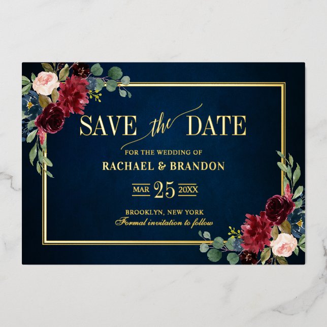 Burgundy Navy Floral Gold Frame Save the Date (Front)