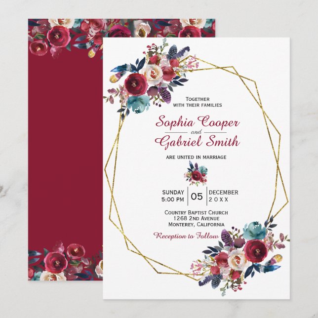 Burgundy Navy Floral Gold Frame Wedding Invitation (Front/Back)