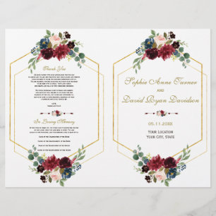 Burgundy Navy Floral Gold Frame Wedding Program Flyer