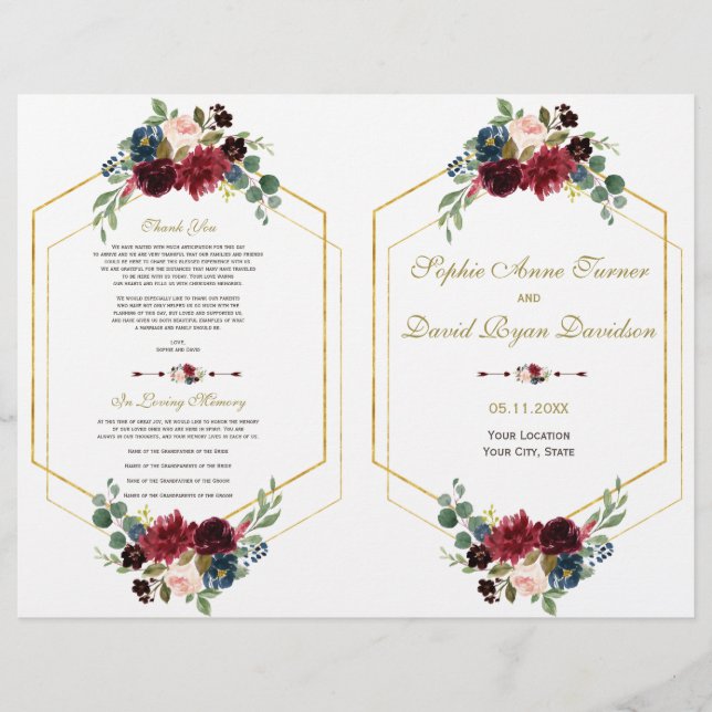 Burgundy Navy Floral Gold Frame Wedding Program Flyer (Front)