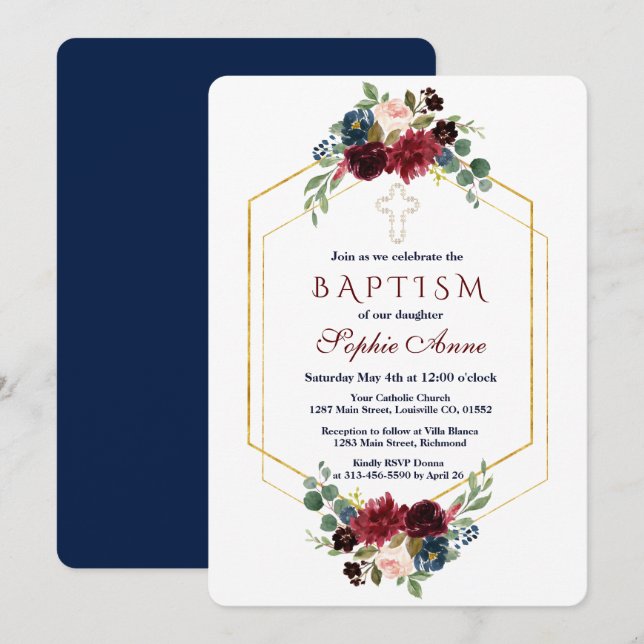 Burgundy Navy Floral Gold Hexagon Frame Baptism Invitation (Front/Back)