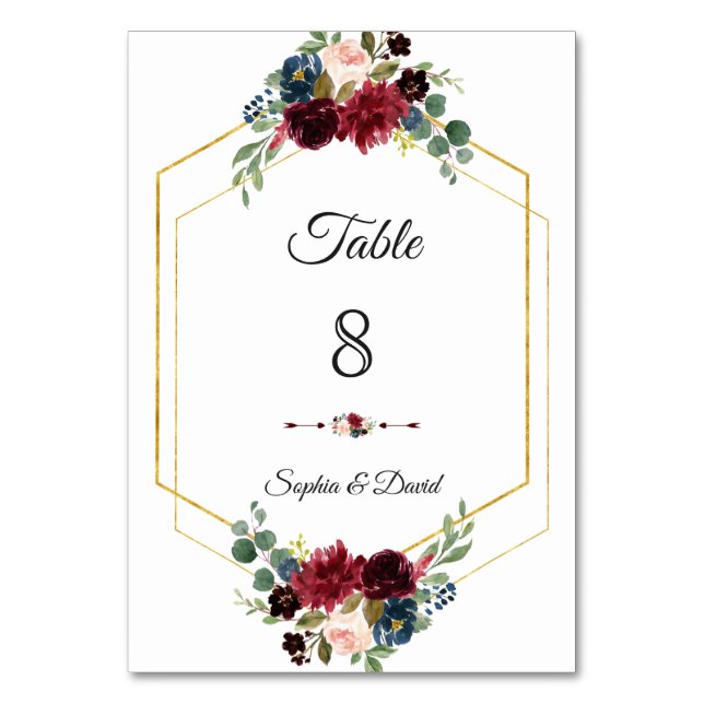 Burgundy Navy Floral Gold Hexagon Frame Wedding Table Number (Front)