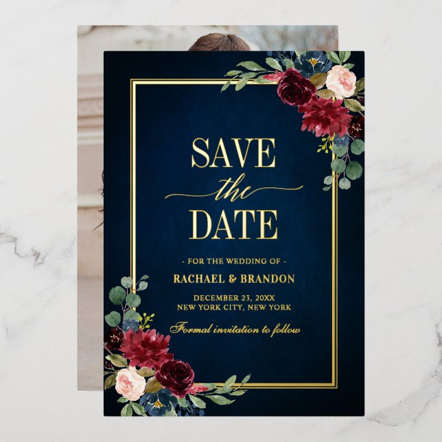Burgundy Navy Floral Gold Photo Save the Date (Front/Back)