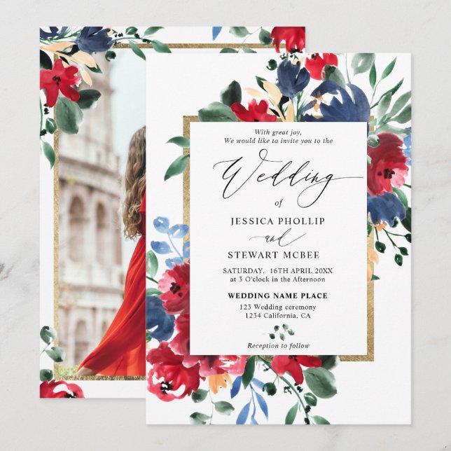 Burgundy navy floral gold script photo wedding invitation (Front/Back)