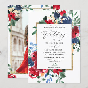 Burgundy navy floral gold script photo wedding invitation