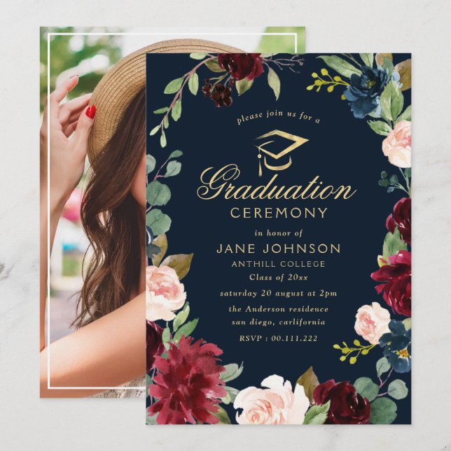 burgundy navy floral graduation ceremony invitation (Front/Back)