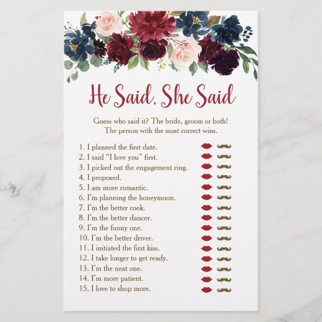 Burgundy & Navy Floral He Said She Said Game (Front)