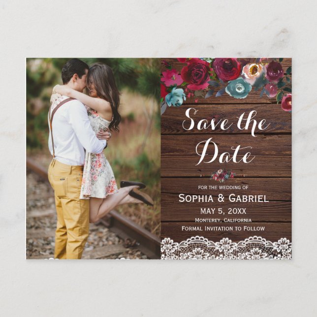 Burgundy Navy Floral Lace Wood Save the Date Photo Announcement Postcard (Front)