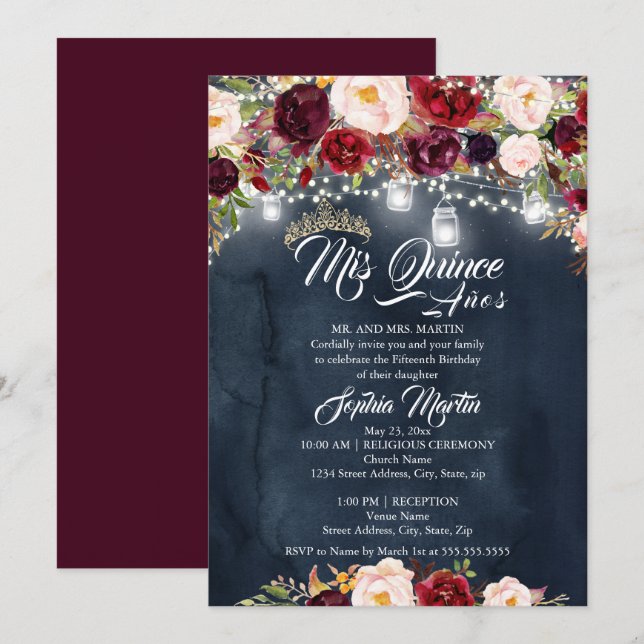 Burgundy Navy Floral Lights Quinceanera  Invitation (Front/Back)