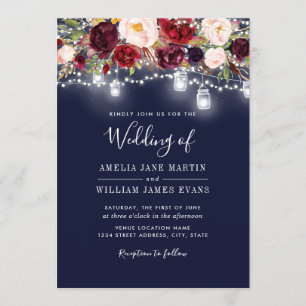 Burgundy Navy Floral Lights Wedding Invitation