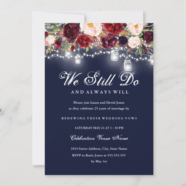 Burgundy Navy Floral Lights Wedding Vow Renewal Invitation (Front)