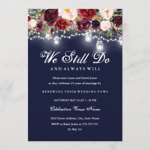 Burgundy Navy Floral Lights Wedding Vow Renewal Invitation