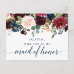 Burgundy Navy Floral Maid of Honour Proposal Card<br><div class="desc">Pop the question with this lovely card! Easily edit the name and the message on the back - then add to cart!

See the entire Burgundy Navy collection for more matching items!</div>