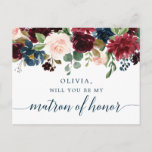 Burgundy Navy Floral Matron of Honour Proposal Car Postcard<br><div class="desc">Pop the question with this lovely card! Easily edit the name and the message on the back - then add to cart!

See the entire Burgundy Navy collection for more matching items!</div>