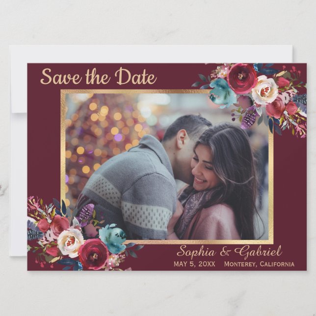 Burgundy Navy Floral Modern Photo Save the Date (Front)