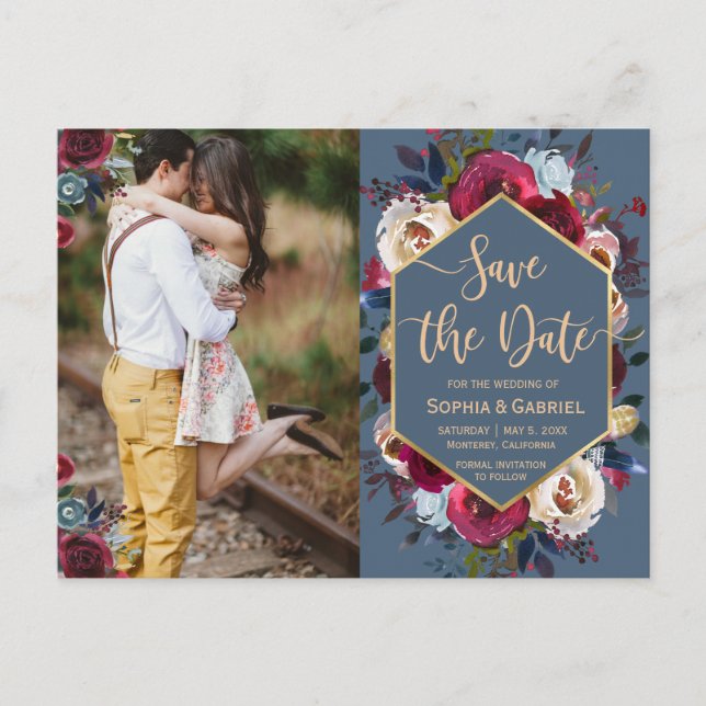 Burgundy Navy Floral on Blue Photo Save the Date Announcement Postcard (Front)