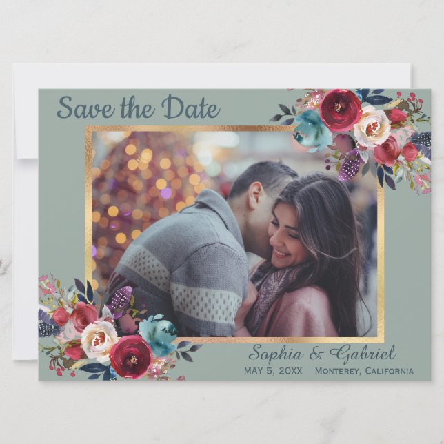 Burgundy Navy Floral on Green Photo Save the Date (Front)