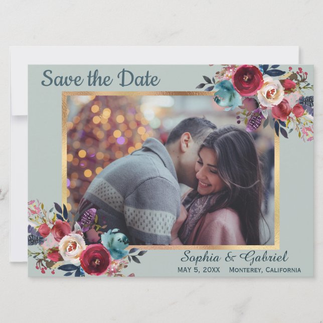 Burgundy Navy Floral on Mint Green Save the Date (Front)