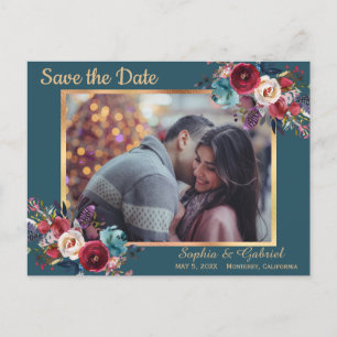 Burgundy Navy Floral on Teal   Photo Save the Date Announcement Postcard