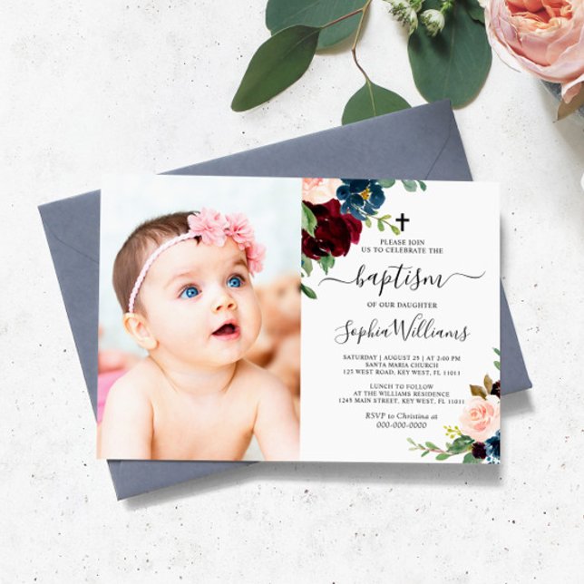 Burgundy & Navy Floral Photo Baptism Invitation (Creator Uploaded)
