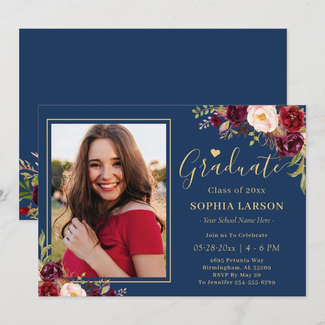 Burgundy Navy Floral Photo Graduation Celebration Invitation (Front/Back)