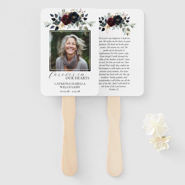 Burgundy Navy Floral Photo Memorial  Hand Fan (Front and Back)