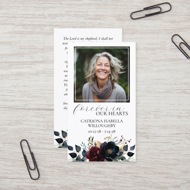 Burgundy Navy Floral Photo Memorial Prayer Card (Front/Back In Situ)
