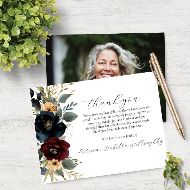 Burgundy Navy Floral Photo Memorial Thank You Card (Creator Uploaded)