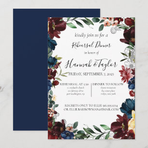 Burgundy Navy Floral Rehearsal Dinner Invitation