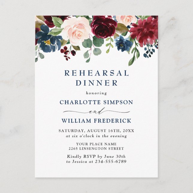 Burgundy Navy Floral REHEARSAL  DINNER Invitations (Front)