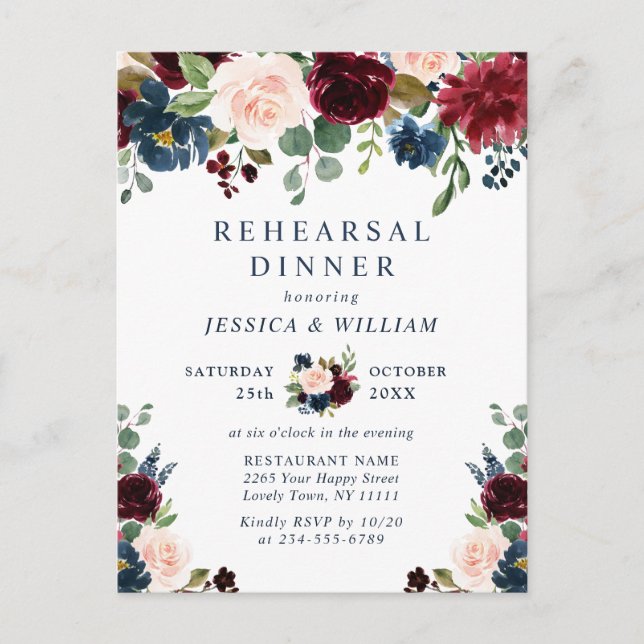 Burgundy Navy Floral REHEARSAL  DINNER Invitations (Front)