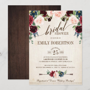 Burgundy Navy Floral Rustic Boho Bridal Shower Invitation