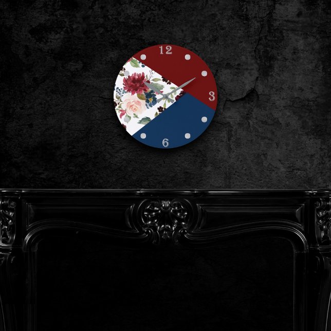 Burgundy Navy Floral | Rustic Boho Chic Pattern Round Clock (Creator Uploaded)