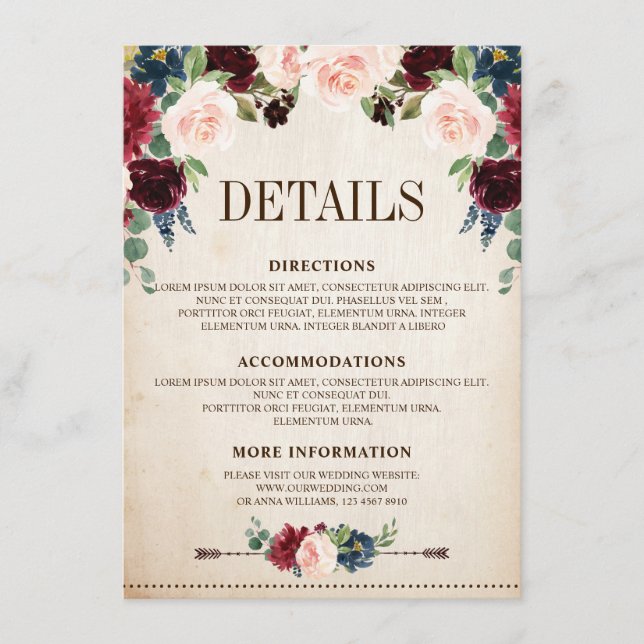 Burgundy Navy Floral Rustic Boho Country Wedding Enclosure Card (Front)