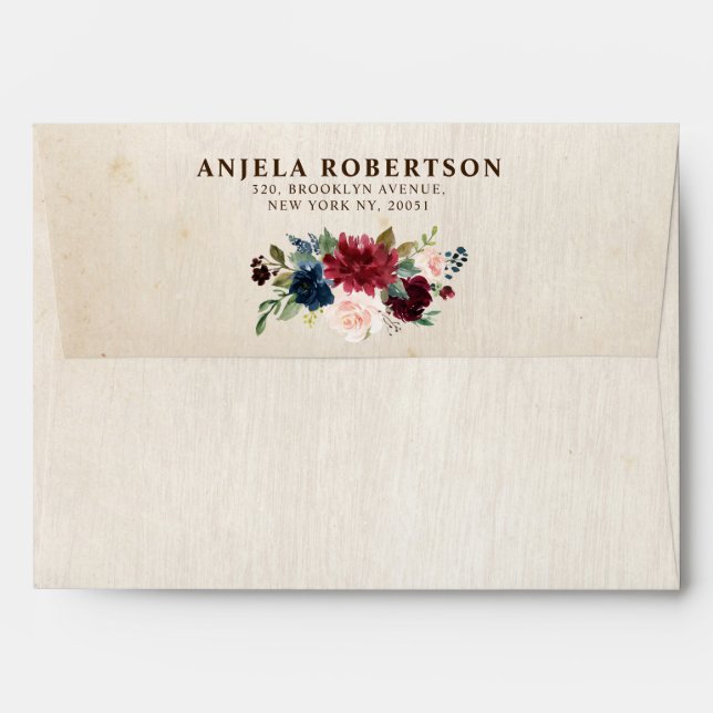 Burgundy Navy Floral Rustic Boho Country Wedding Envelope (Back (Top Flap))