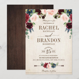 Burgundy Navy Floral Rustic Boho Country Wedding Invitation