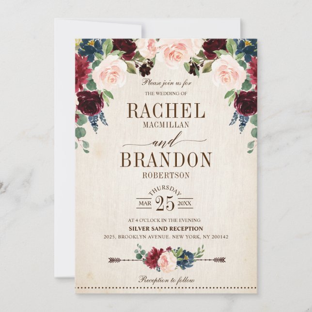 Burgundy Navy Floral Rustic Boho Country Wedding Invitation (Front)
