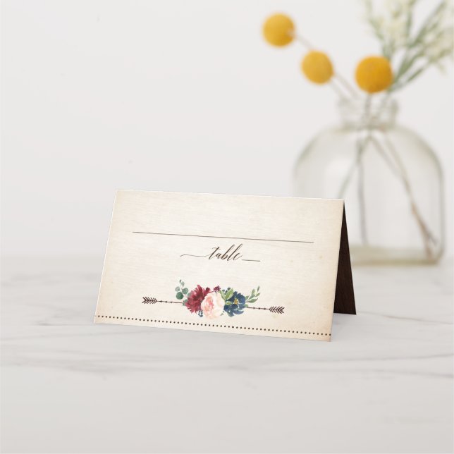Burgundy Navy Floral Rustic Boho Country Wedding Place Card (Front)