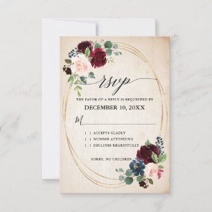 Burgundy Navy Floral Rustic Boho Country Wedding R RSVP Card