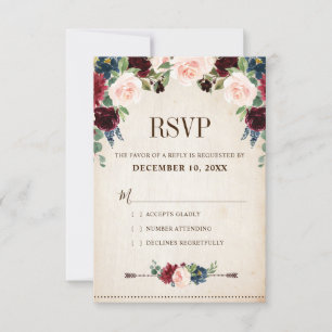 Burgundy Navy Floral Rustic Boho Country Wedding RSVP Card