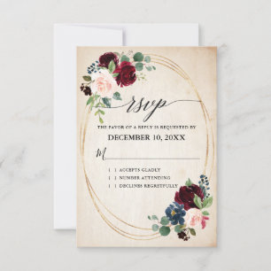 Burgundy Navy Floral Rustic Boho Country Wedding RSVP Card