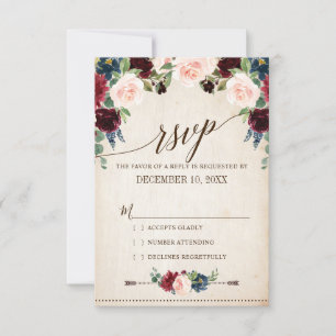 Burgundy Navy Floral Rustic Boho Country Wedding RSVP Card