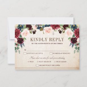Burgundy Navy Floral Rustic Boho Country Wedding RSVP Card