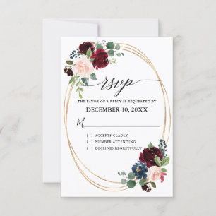 Burgundy Navy Floral Rustic Boho Country Wedding RSVP Card