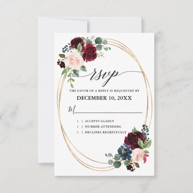 Burgundy Navy Floral Rustic Boho Country Wedding RSVP Card (Front)