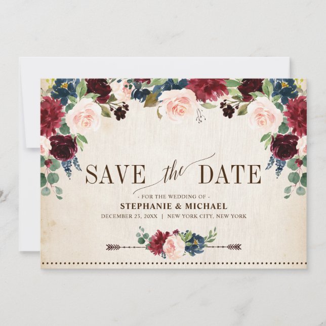 Burgundy Navy Floral Rustic Boho Country Wedding Save The Date (Front)