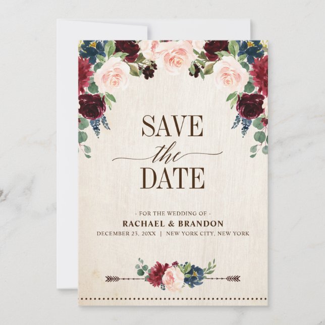 Burgundy Navy Floral Rustic Boho Country Wedding Save The Date (Front)