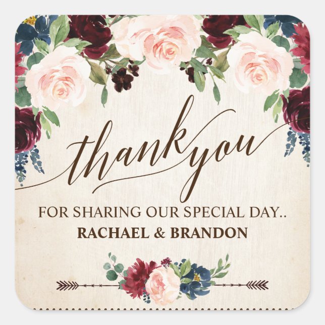 Burgundy Navy Floral Rustic Boho Country Wedding Square Sticker (Front)